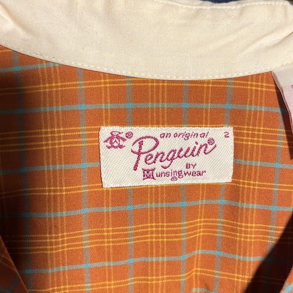 Penguin Orange/turquoise plaid button down shirt white collar - Picture 3 of 6
